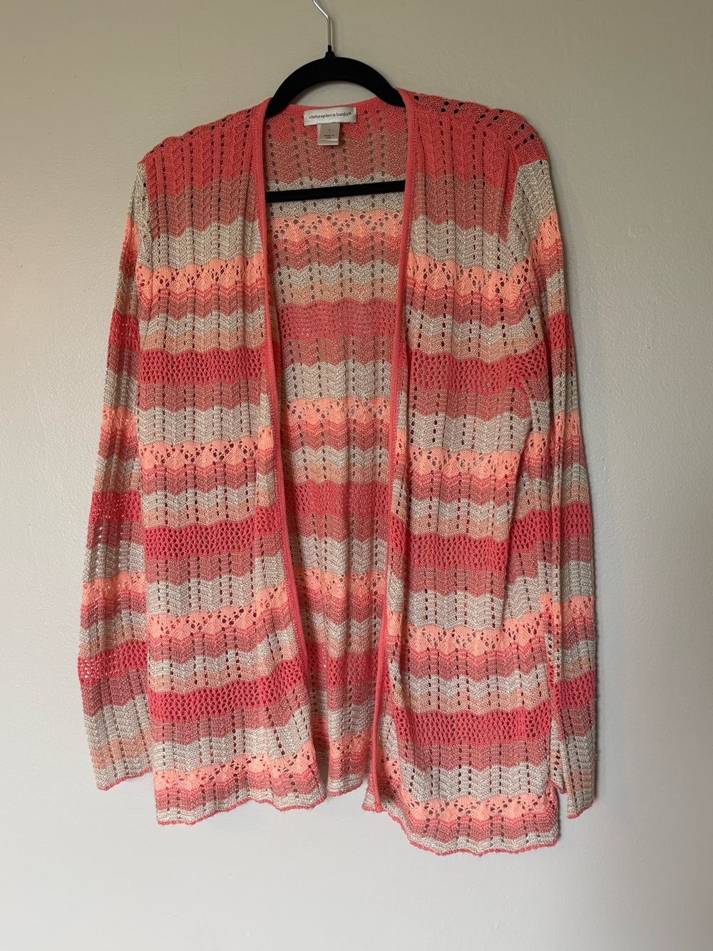 Christopher & Banks Open-Front Crochet Stripe Cardigan in Coral and Cream